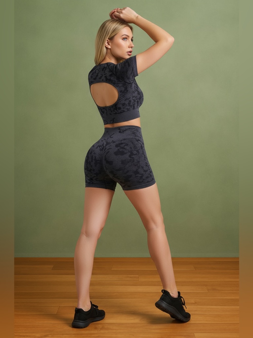Camo Print Seamless Crop Top High Waisted Short Activewear Set - Picture 3 of 6